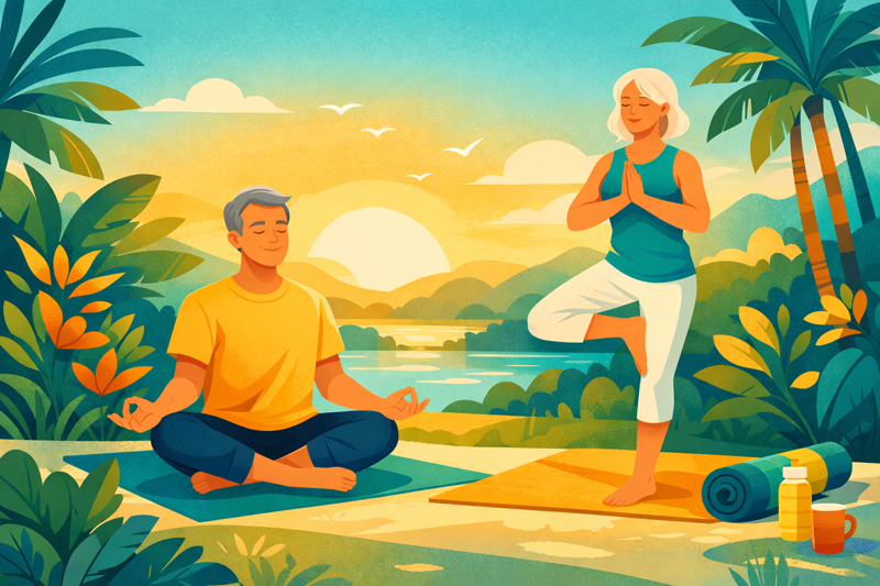 Personas practicando yoga en un jardín tropical